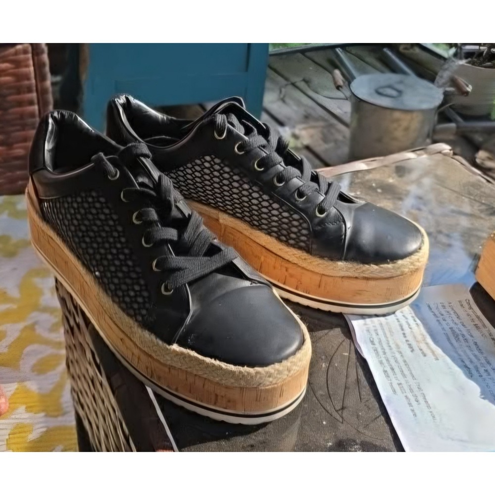 JLO Jennifer Lopez Espadrille Platform Sneakers Black Cork JL-LAURN 7.5